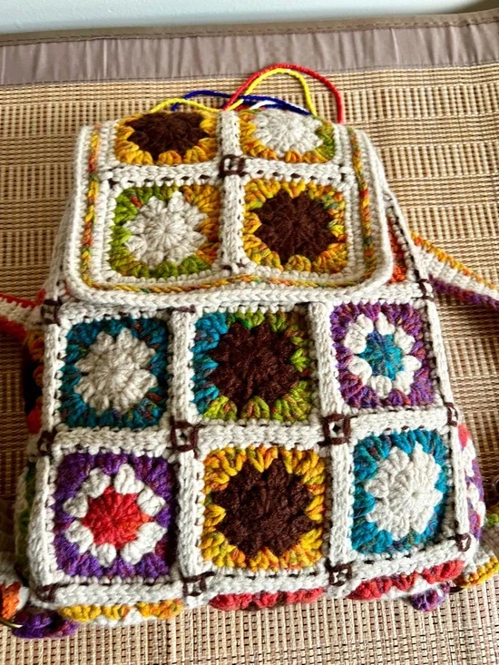 Handcrafted Cream Multicolor Crochet Backpack - Picture 5 of 8